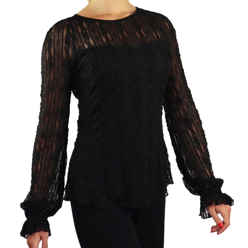 Elana Kattan Sarah Long Ruffled Sleeves Black Lace Blouse. Size M